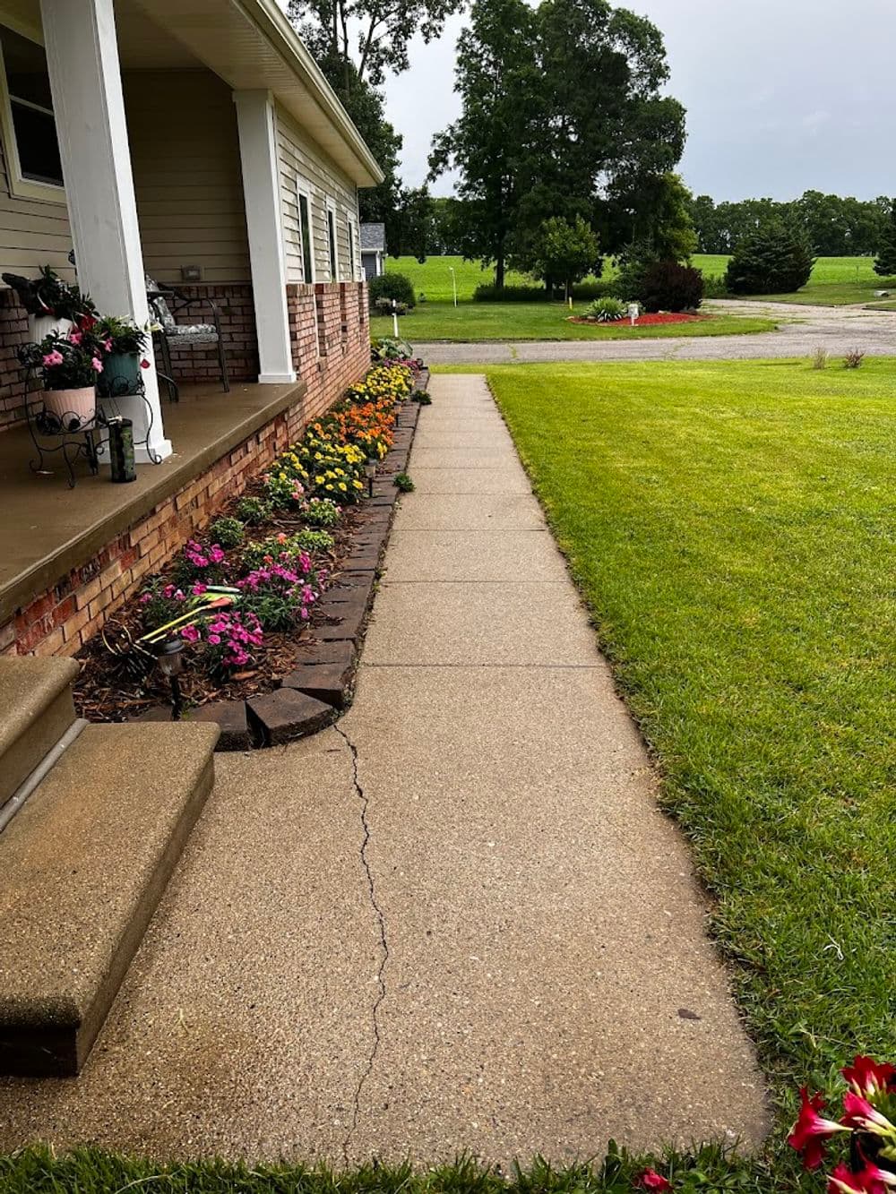 Flower garden alongside a concrete walkway leading to a house with a grassy yard.