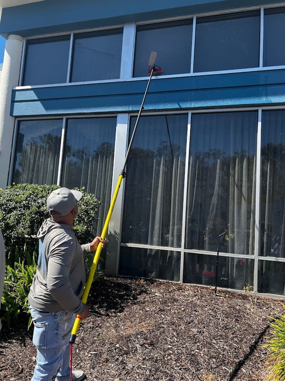 Person using a pole to clean windows on a commercial building with plants in foreground.
