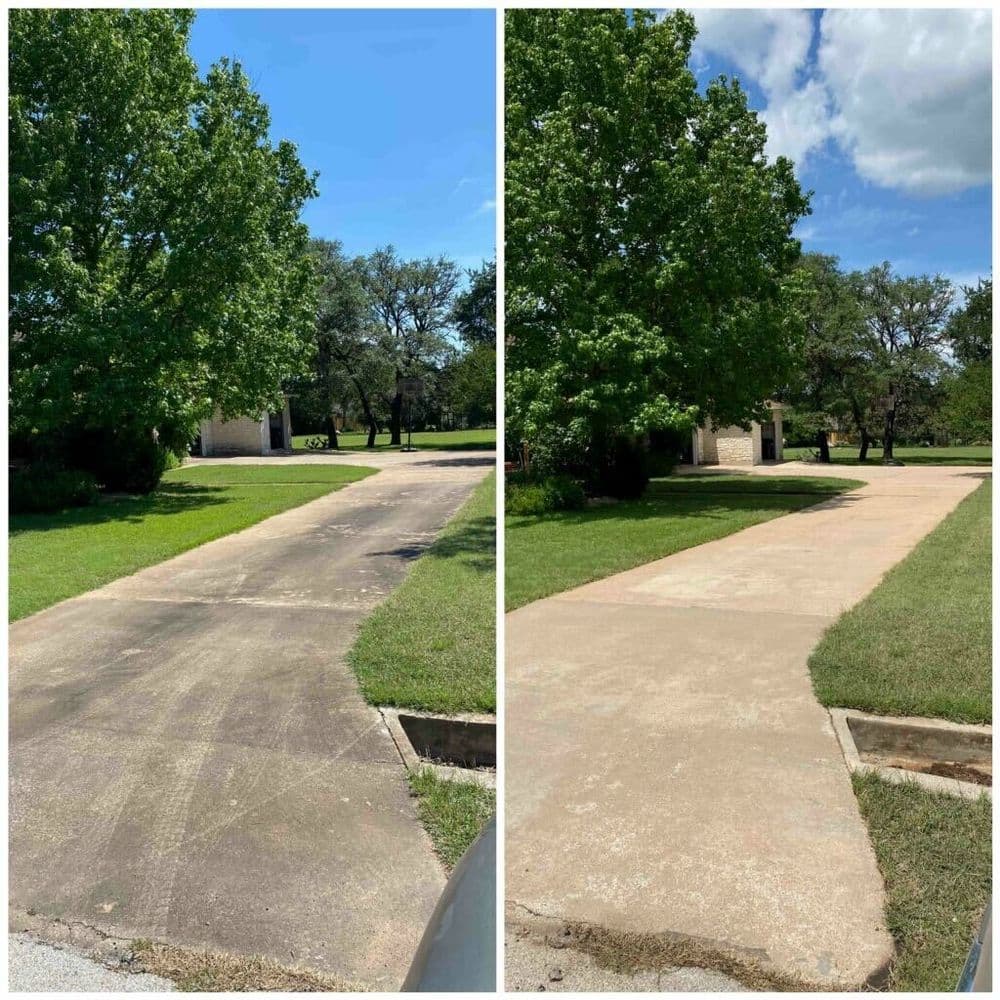 Before and after driveway cleaning showing significant difference in cleanliness and appearance.