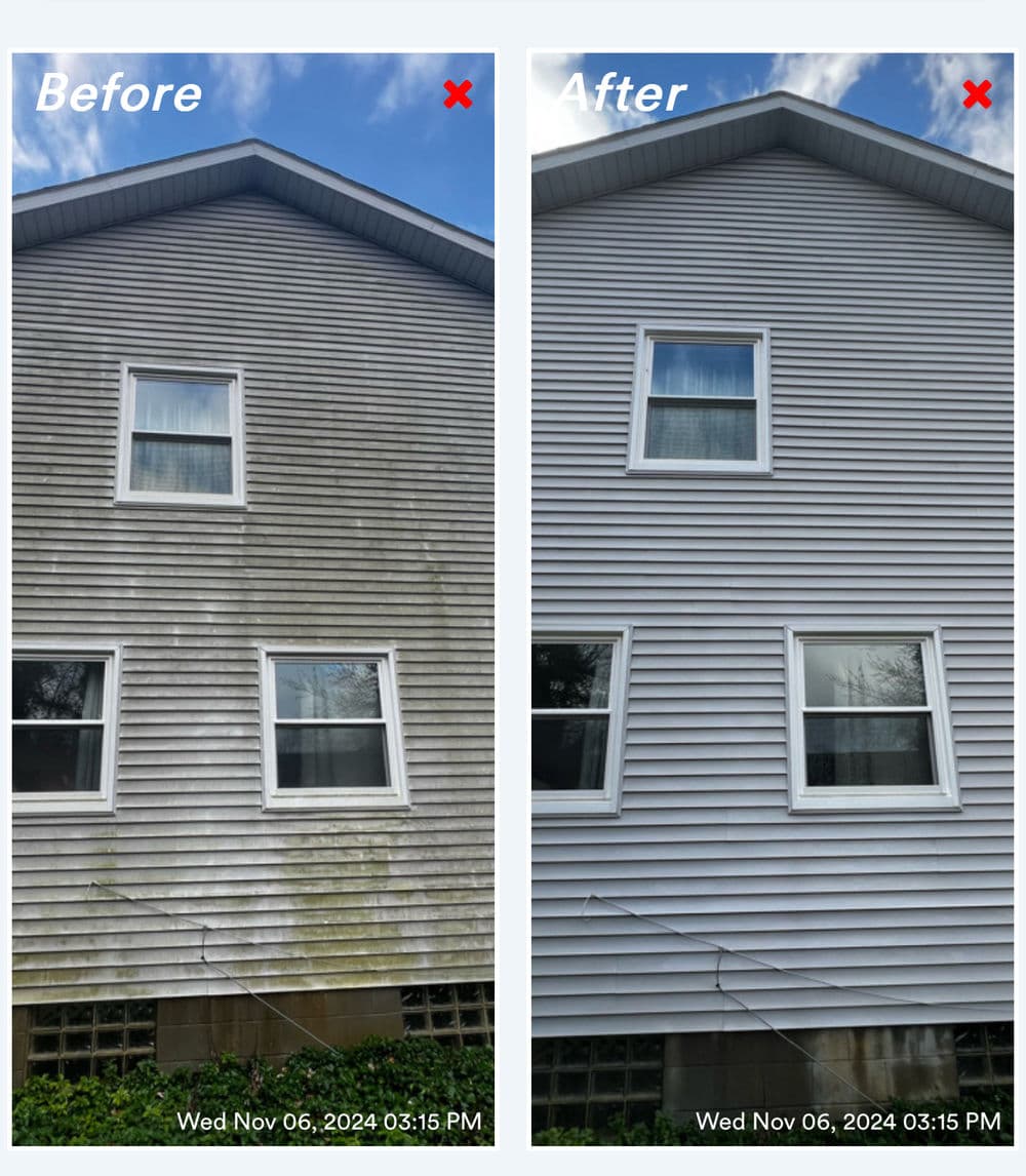 Before and after home exterior cleaning; visible difference in siding cleanliness and appearance.